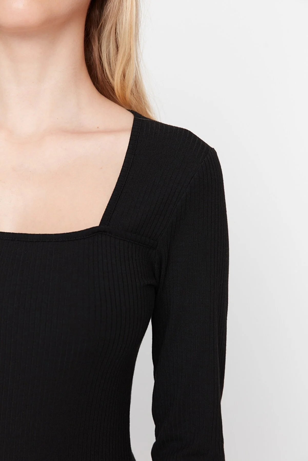 Black Square Neck Ribbed Bodycon Midi Knitted Dress