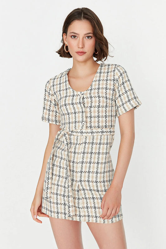 Stone Belted Tweed Dress