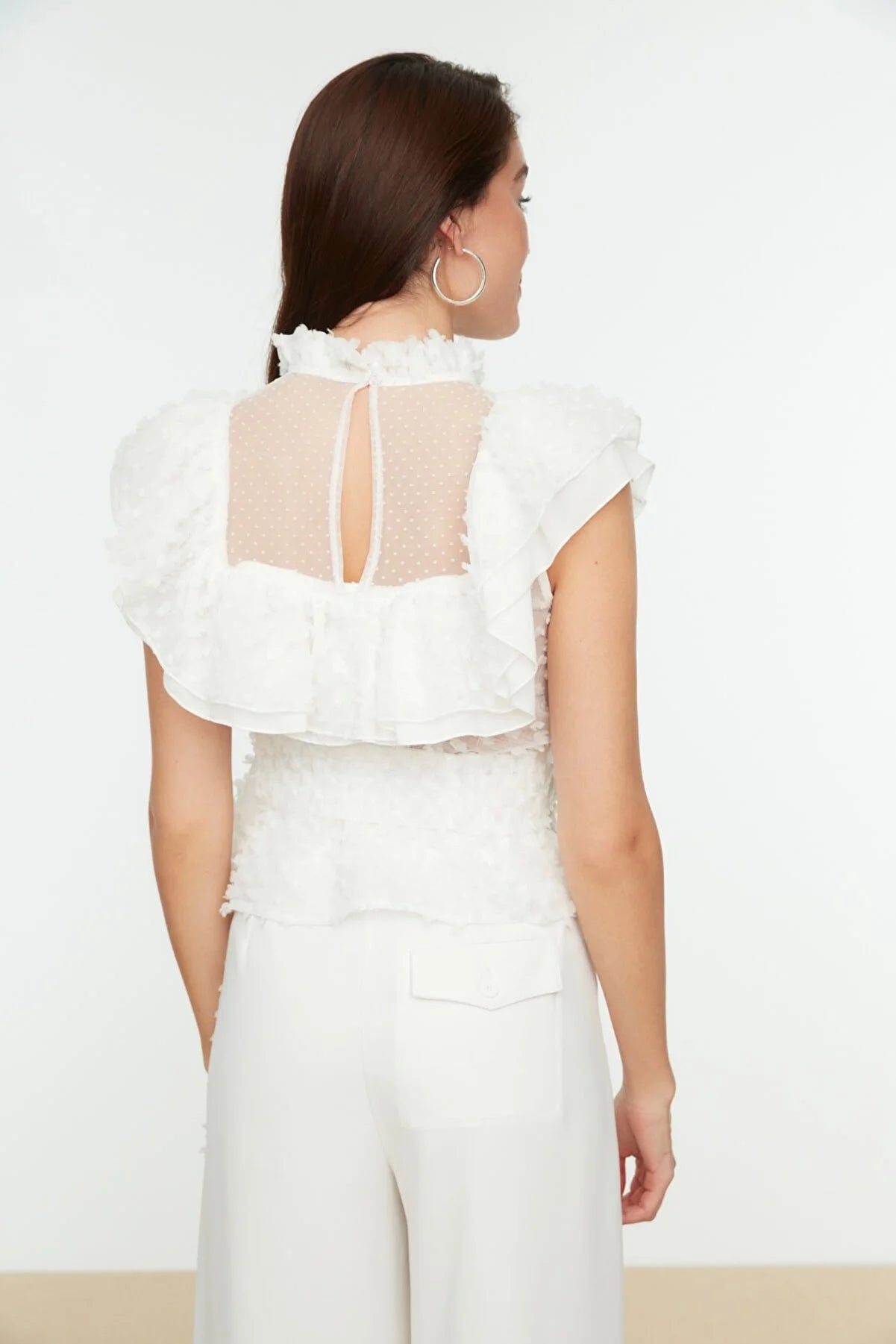 Ecru Tie Detailed Ruffle Blouse