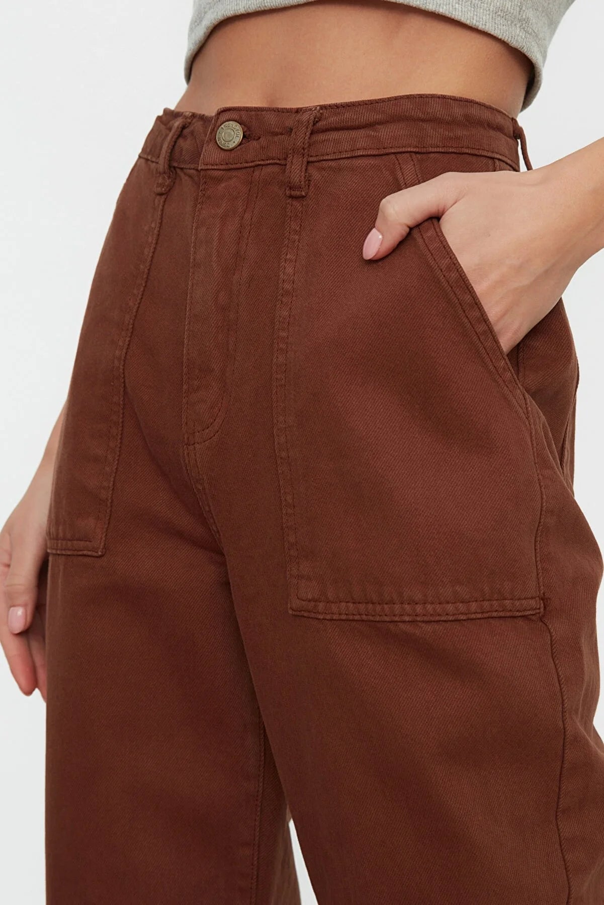 Brown Pocket Detailed High Waist Wide Leg Jeans