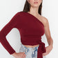 Claret Red One Sleeve Tie Detailed Fitted Knitted Blouse