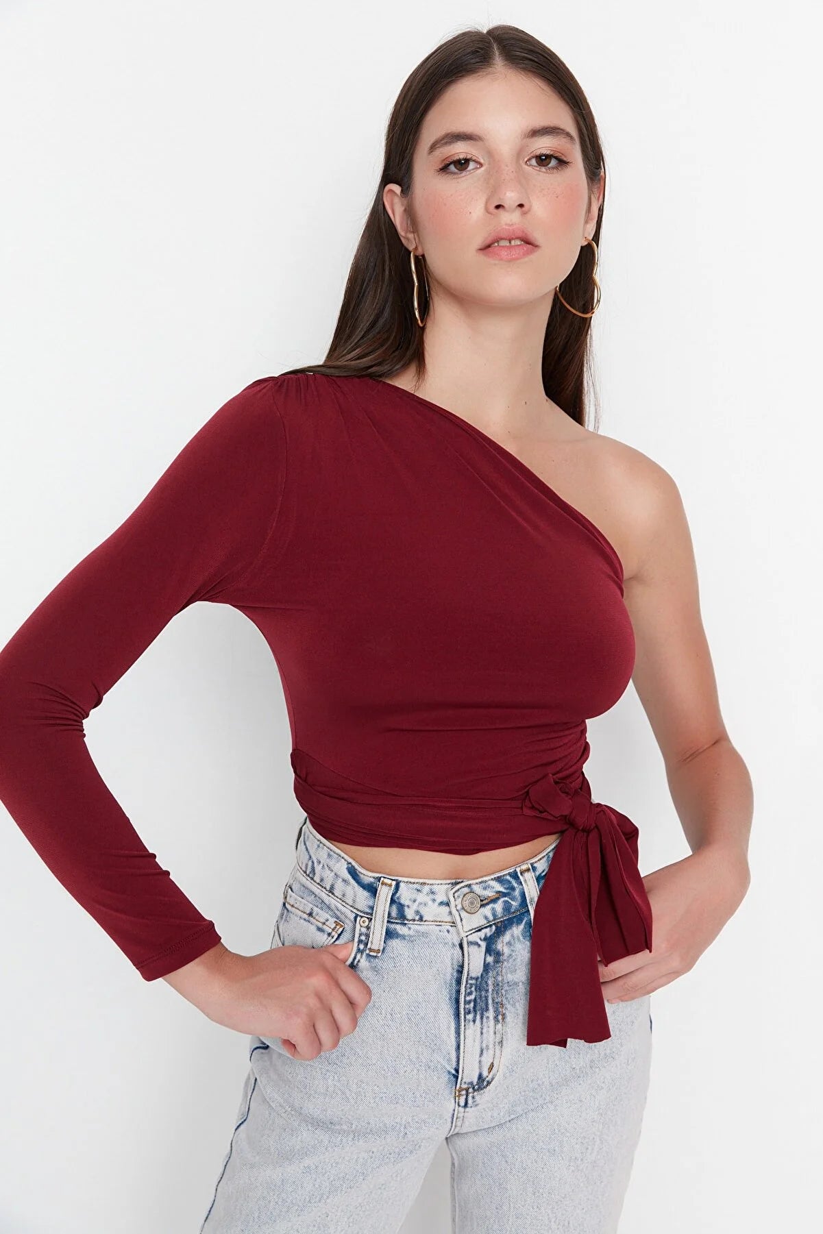Claret Red One Sleeve Tie Detailed Fitted Knitted Blouse