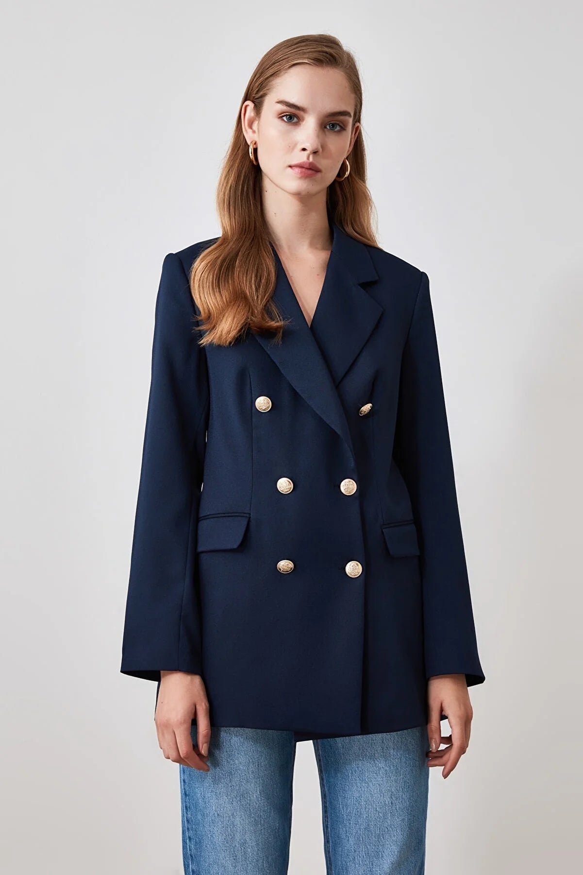 Navy Blue Button Detailed Oversize