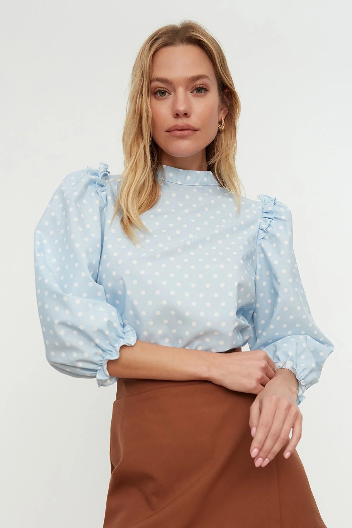 Blue Polka Dot Collar Balloon Sleeve Blouse