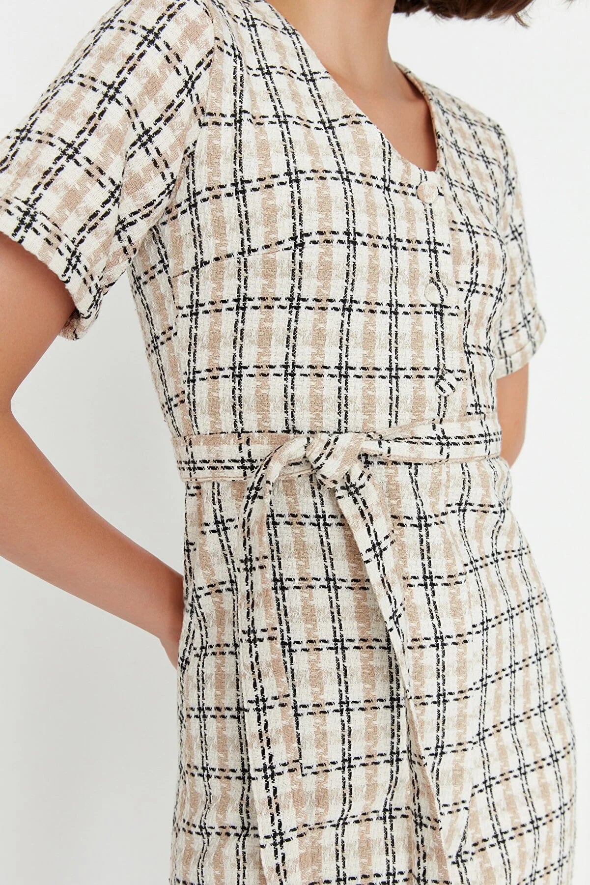 Stone Belted Tweed Dress