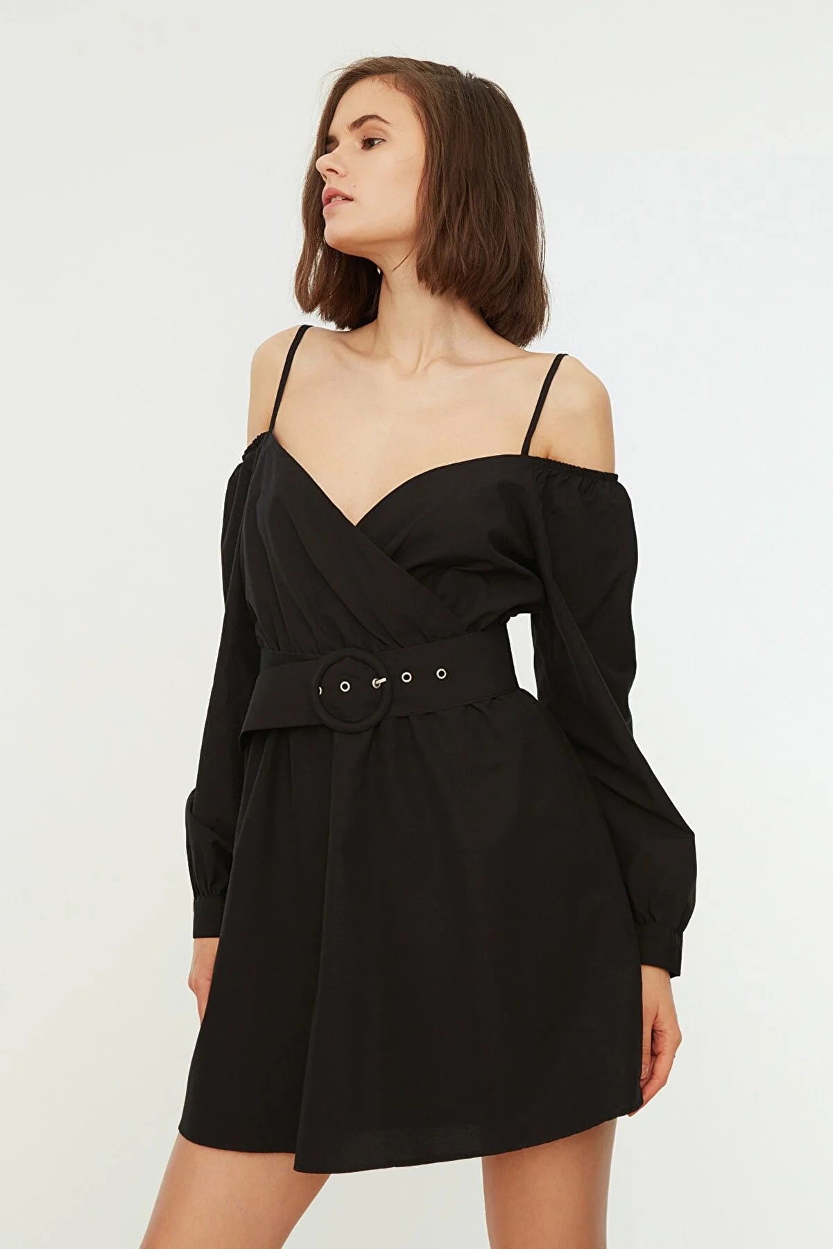 Black Belted Ruffle Dress
