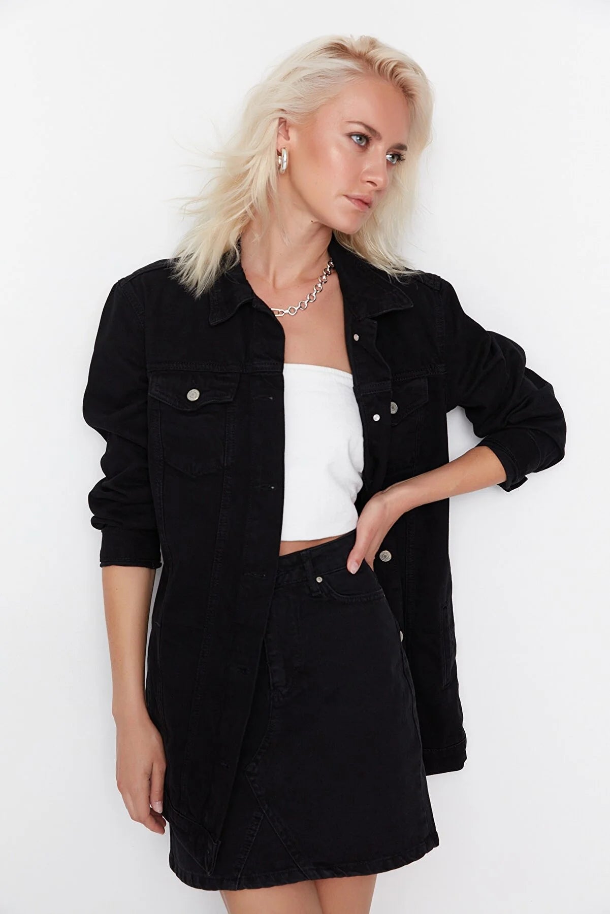 Black Long Basic Denim Jacket