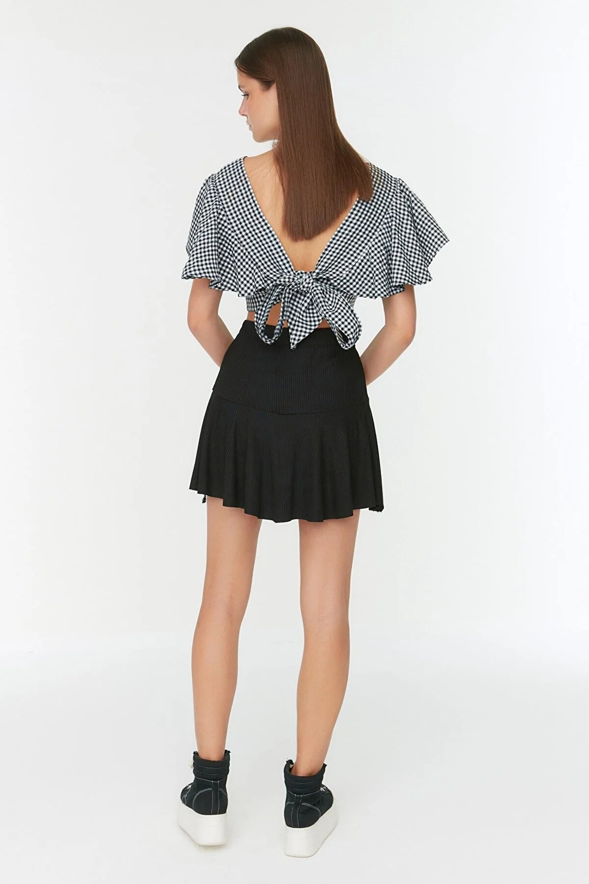 Black Skirt Look Ribbed Knitted Shorts & Bermuda