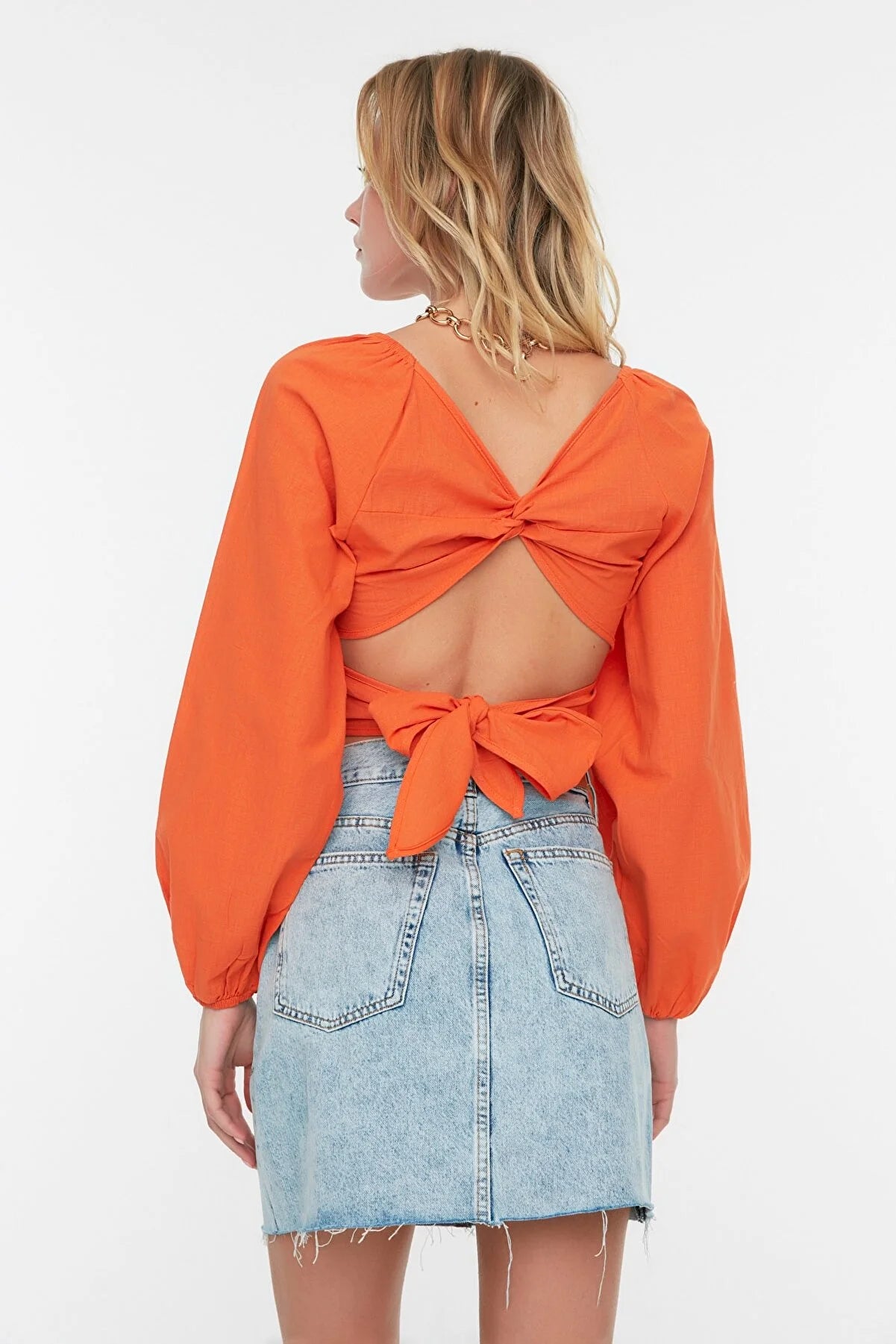 Orange Cross Tie Detailed Beach Blouse