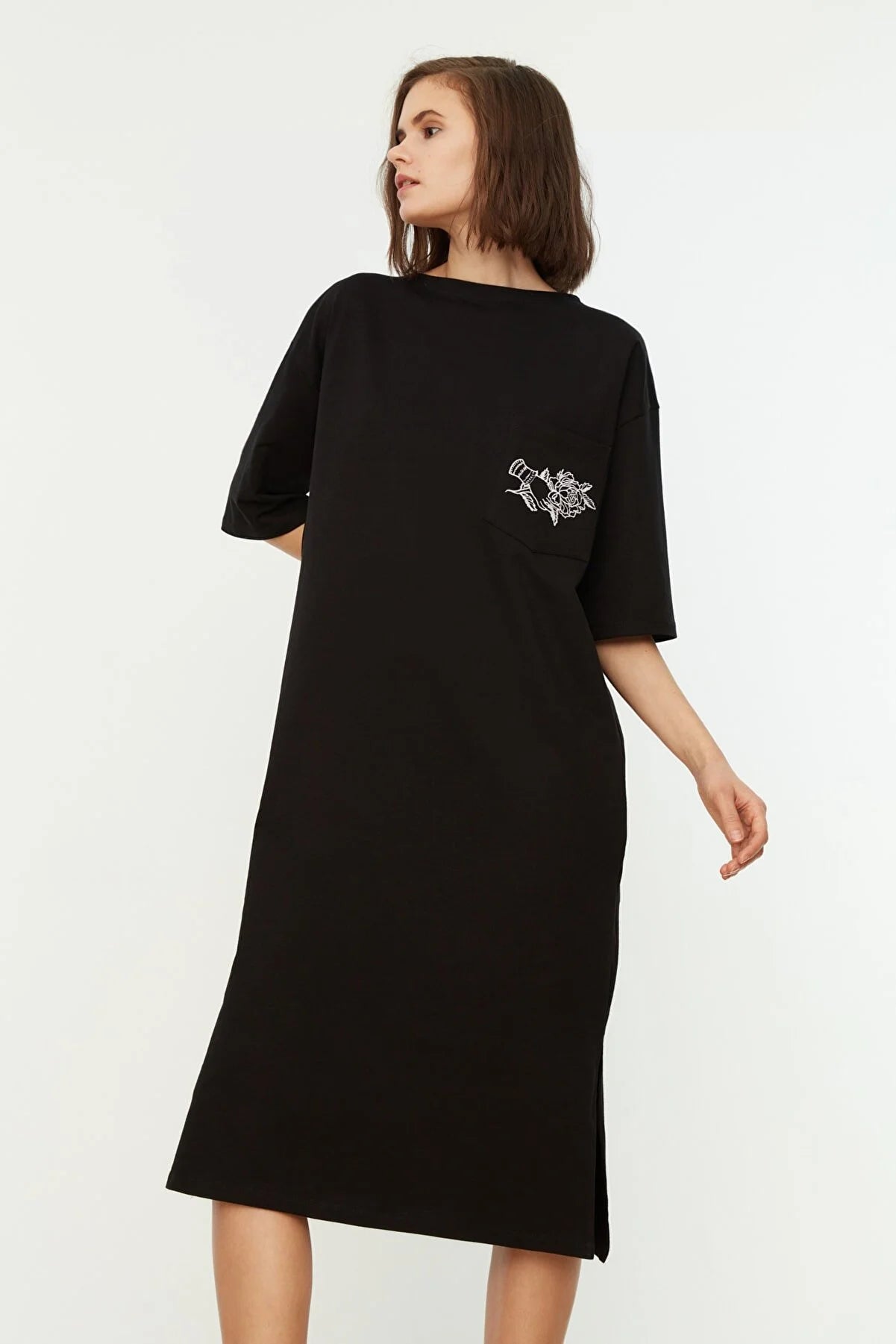 Black Embroidered Wide Cut Knitted Dress