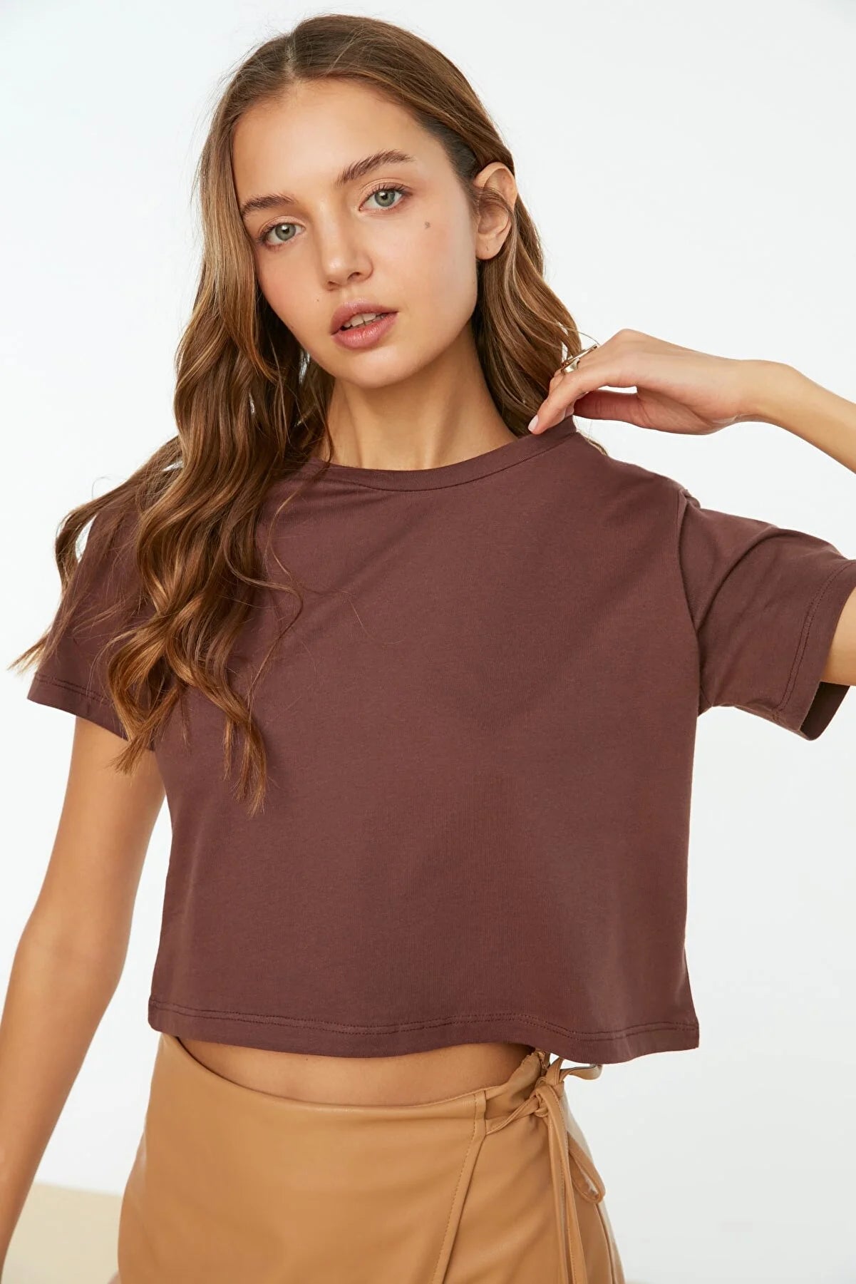 Brown Crew Neck Crop Knitted T-Shirt