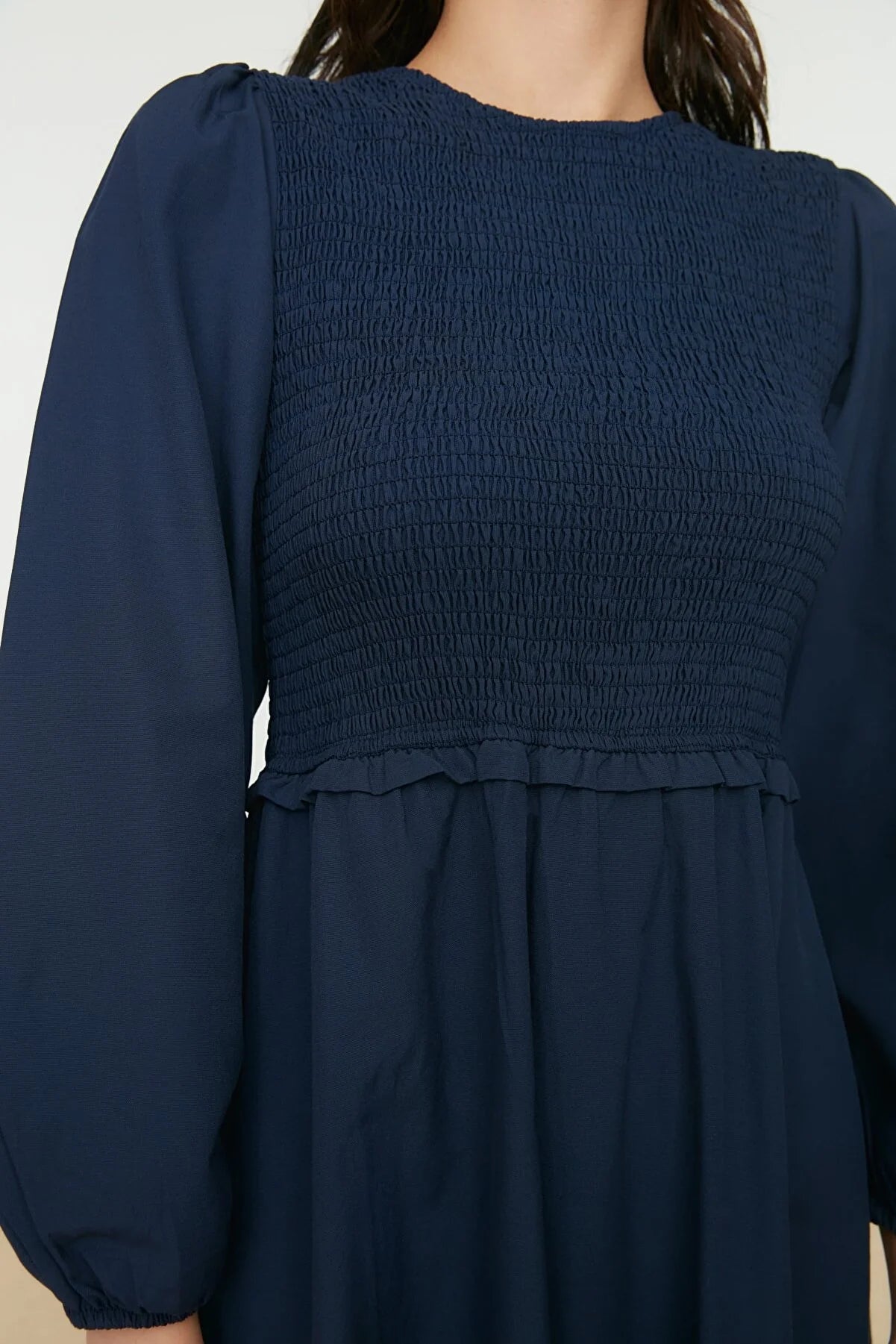 Navy Blue Gipe Detailed Crew Neck Woven Dress
