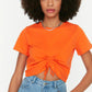 Orange Ruffle Detailed Crop Knitted T-Shirt
