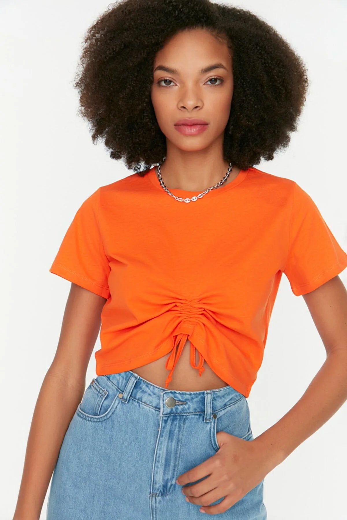 Orange Ruffle Detailed Crop Knitted T-Shirt