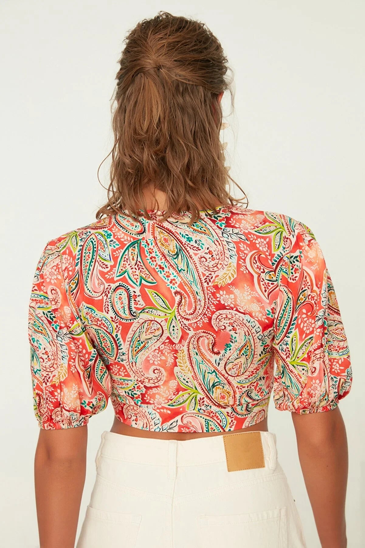 Shawl Patterned Crop Tie Detailed Viscose Beach Blouse