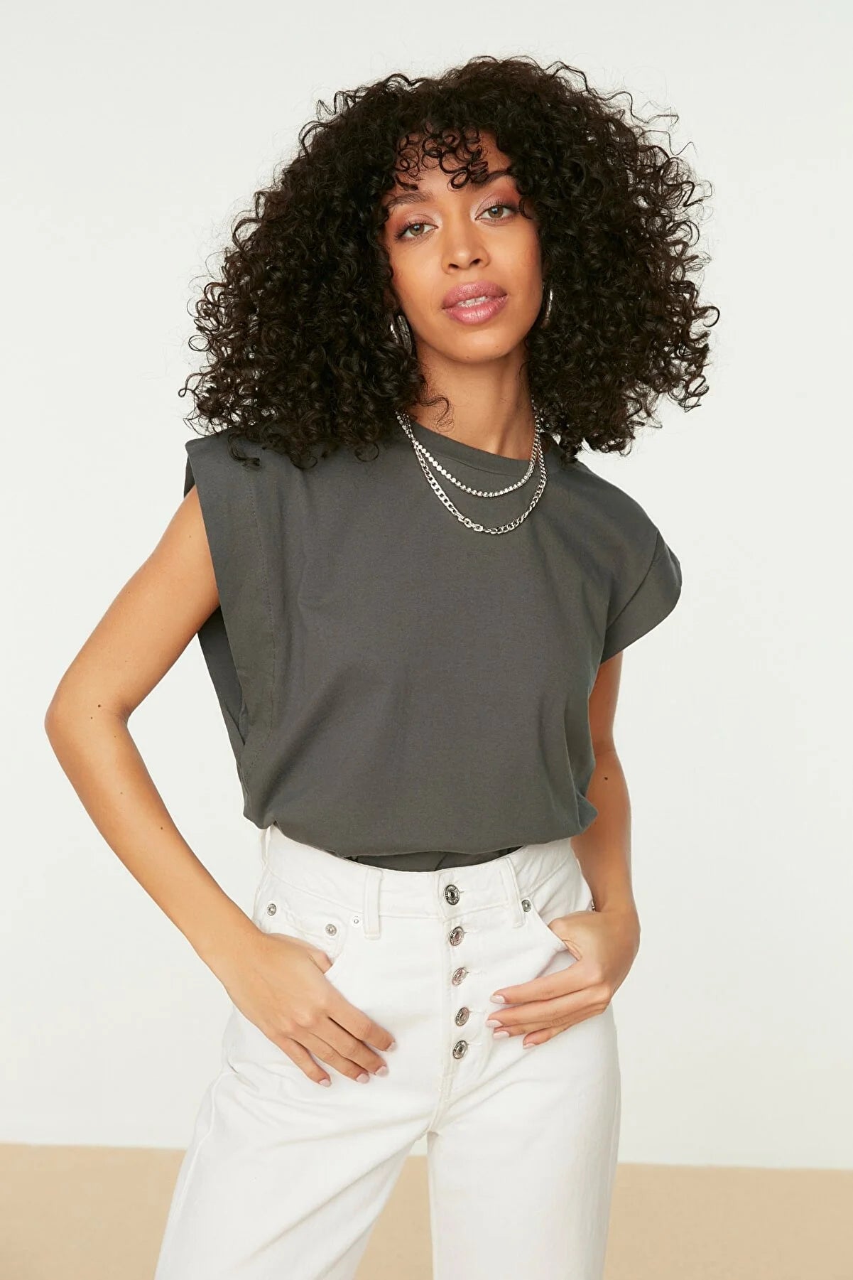 Anthracite Sleeveless Basic Knitted T-Shirt