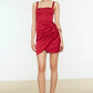 Claret Red Pleated Satin Dress