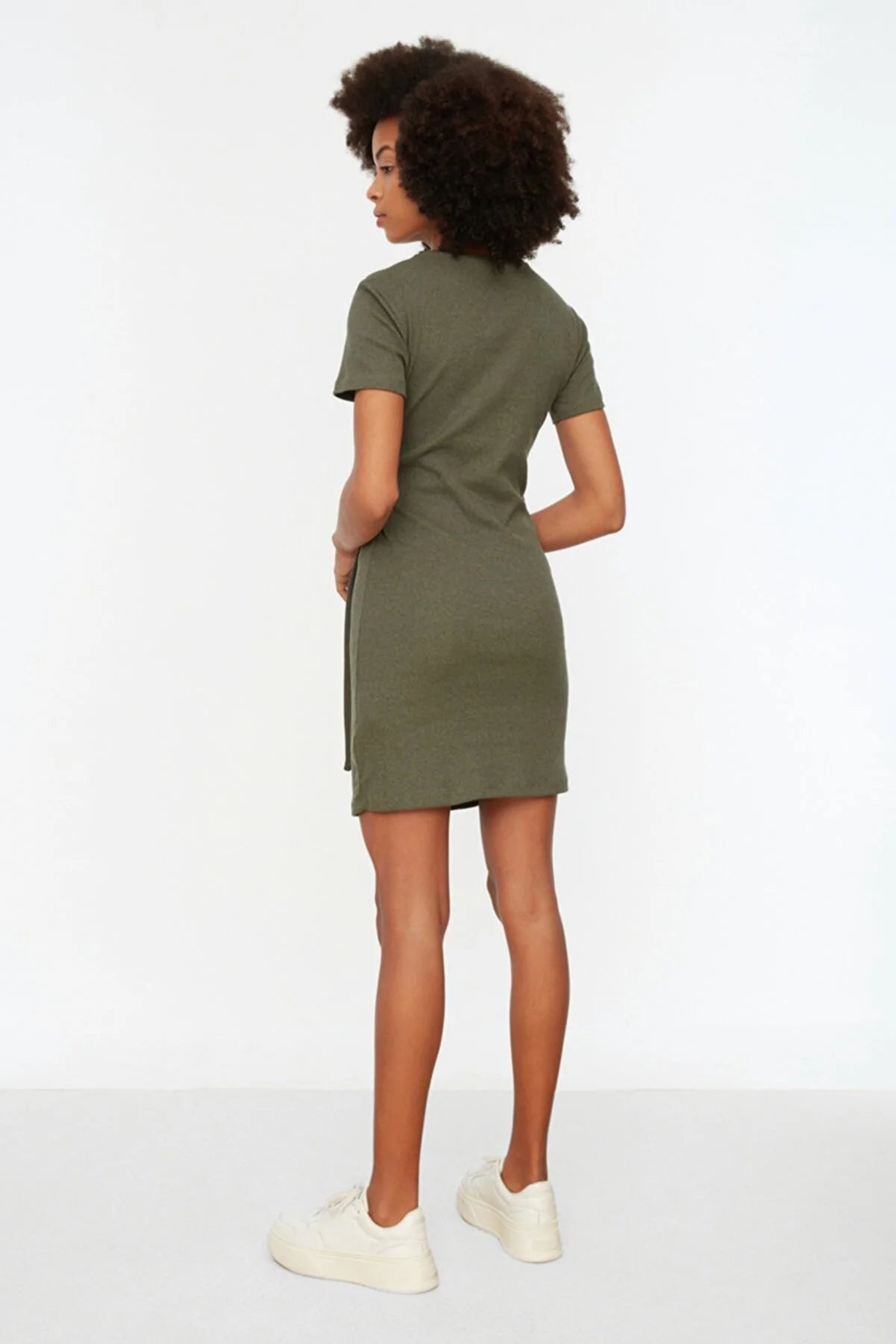 haki Buckle Detailed Corduroy Knitted Dress