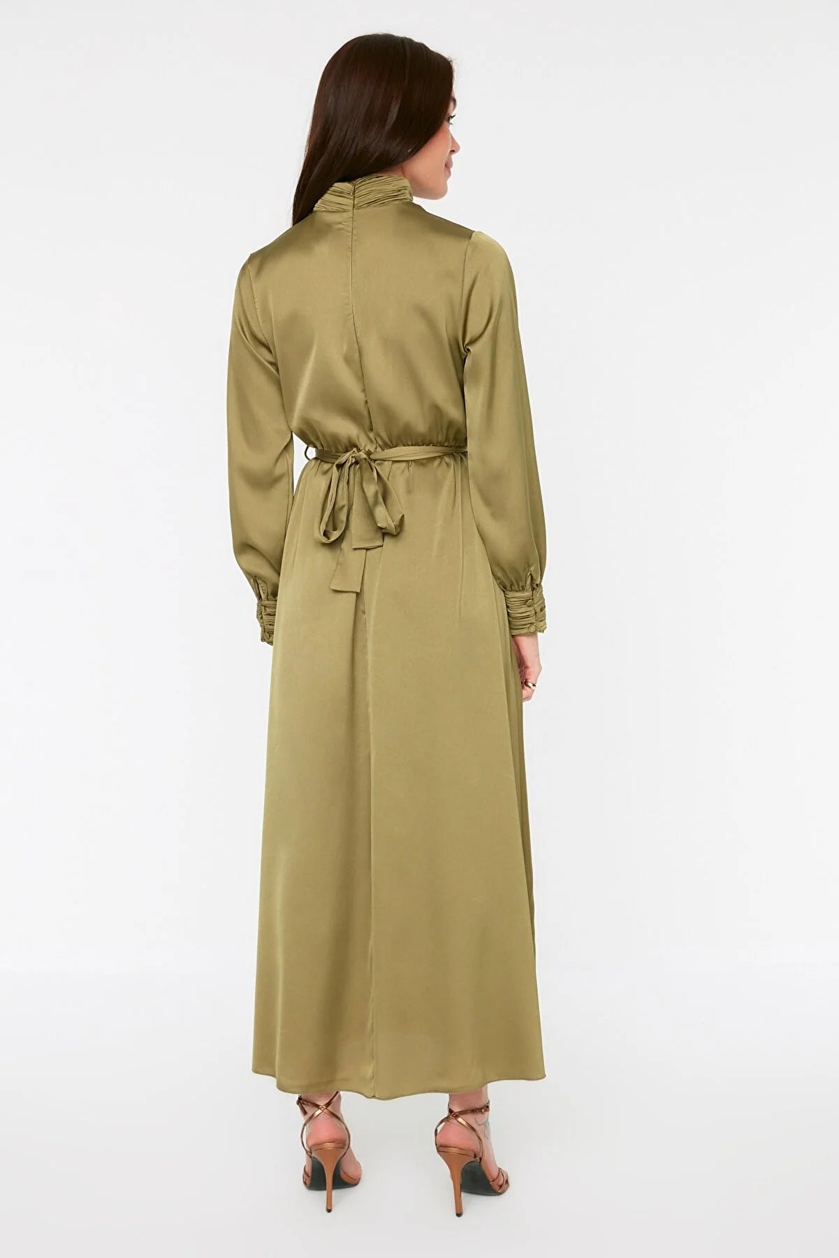 Green Belted Collar and Cuff Draped Detailed Evening Dress