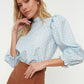Blue Polka Dot Collar Balloon Sleeve Blouse