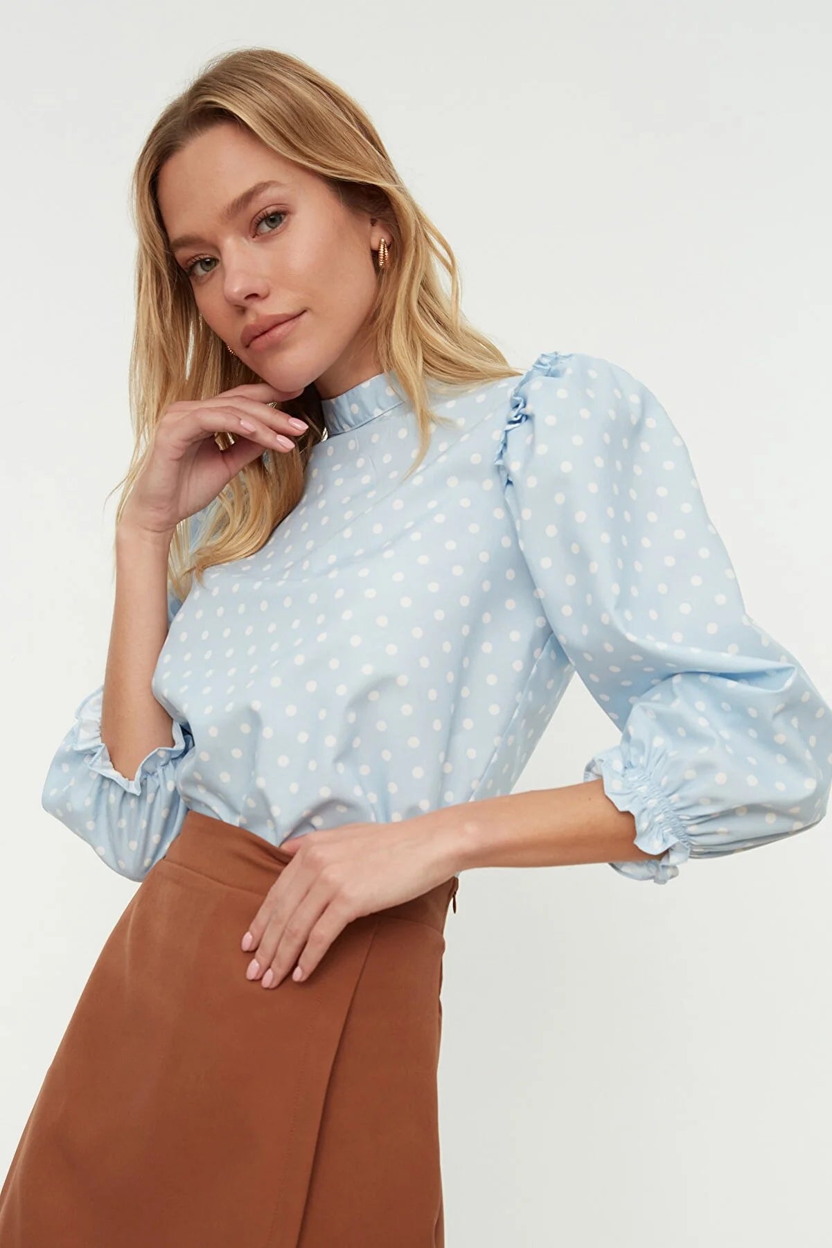 Blue Polka Dot Collar Balloon Sleeve Blouse