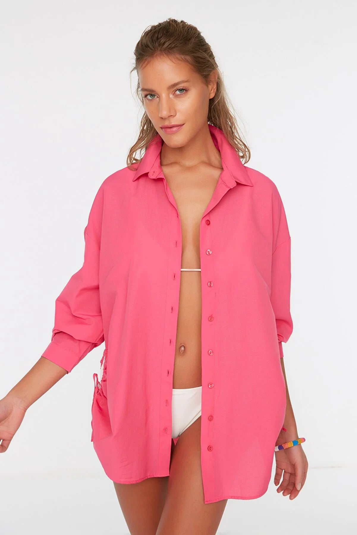 Fuchsia Pleated Woven Beach Shirt