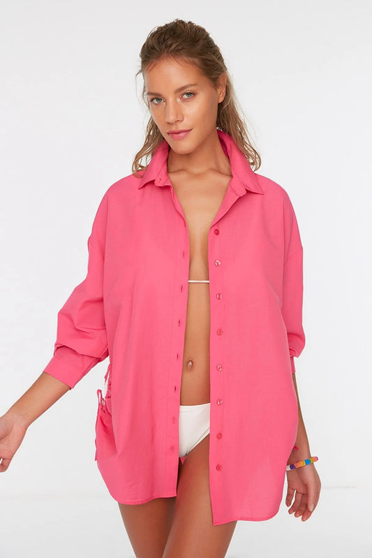 Fuchsia Pleated Woven Beach Shirt