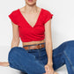 Red Ribbed Crop Knitted Blouse