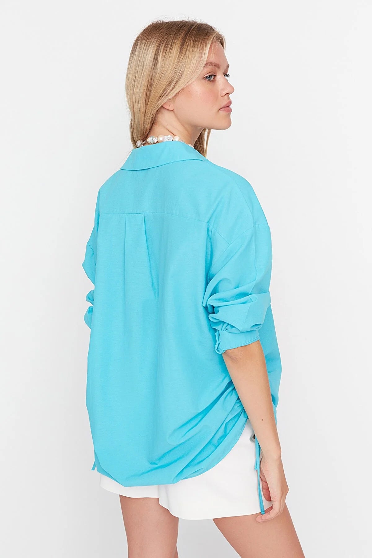 Turquoise Pleated Woven Beach Shirt