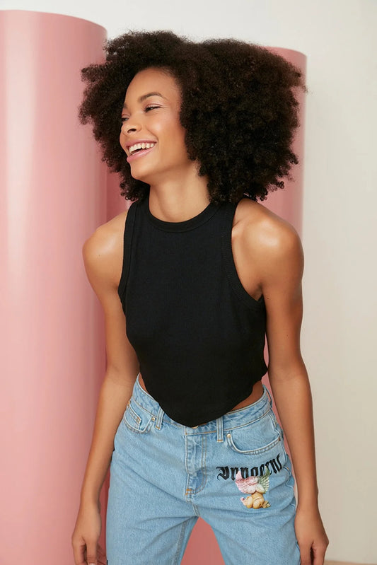 Black Super Crop Corduroy Knitted Singlet