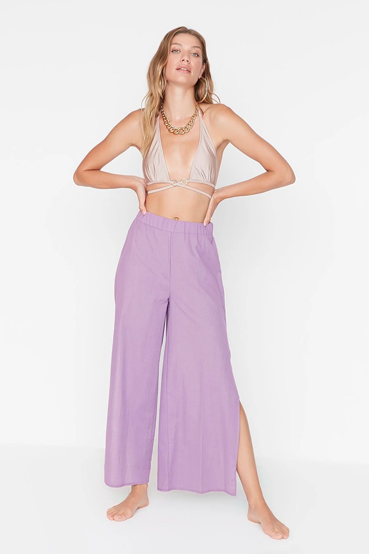 Lilac Linen Textured Slit Trousers
