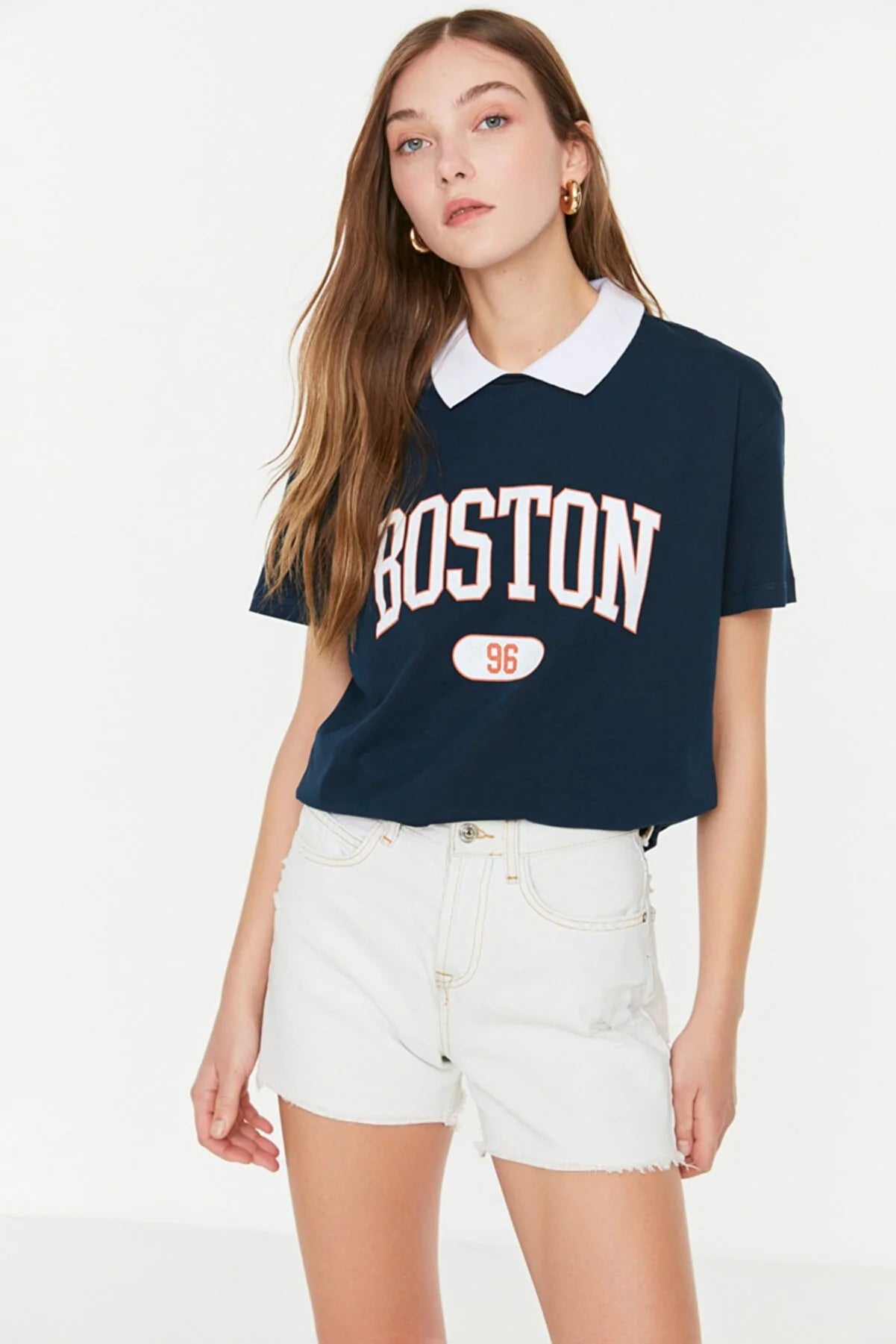 Navy Blue Printed Semi-Fitted Knitted T-Shirt