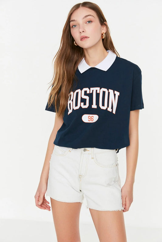 Navy Blue Printed Semi-Fitted Knitted T-Shirt