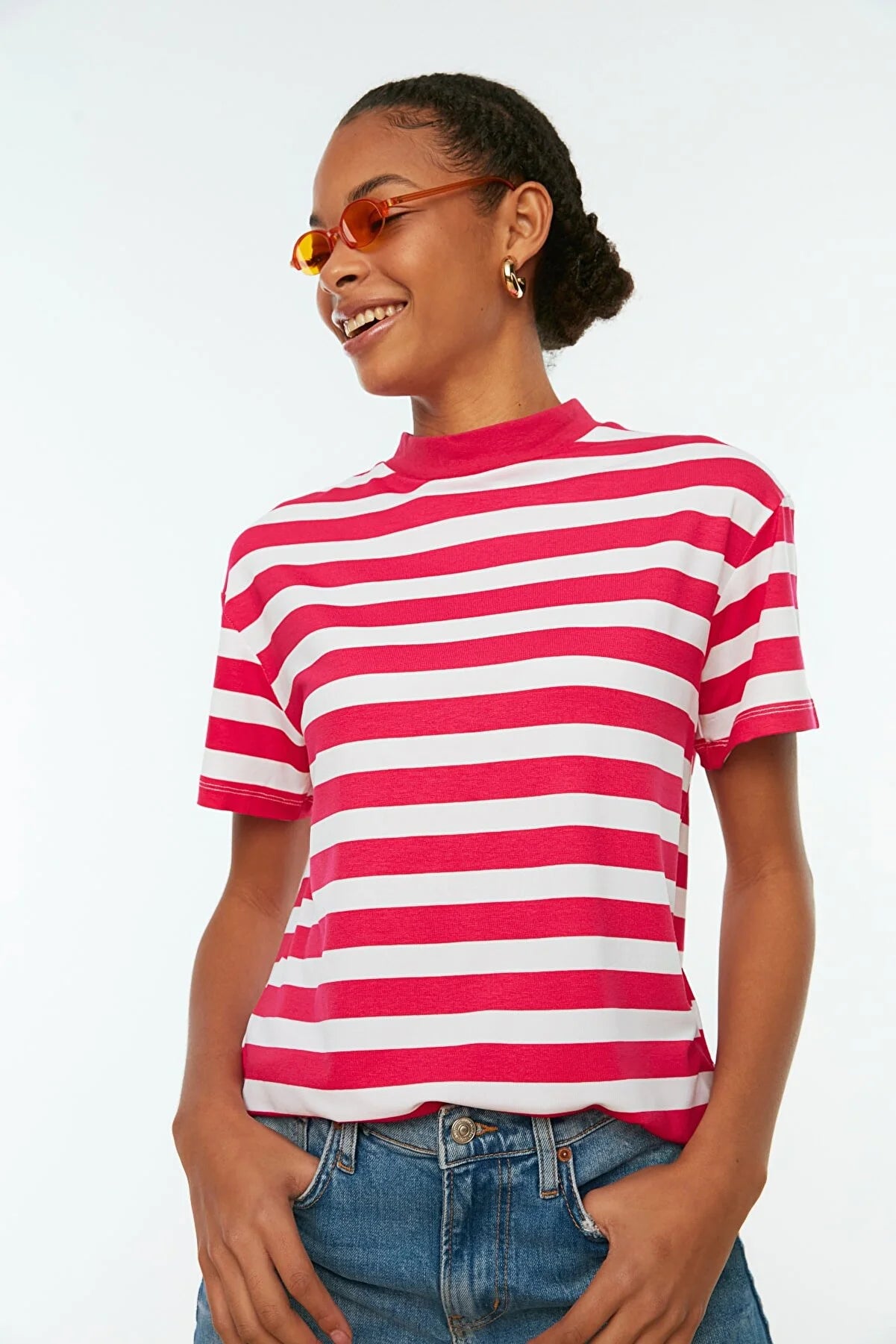 Pink Striped Basic Stand Up Collar Knitted T-Shirt