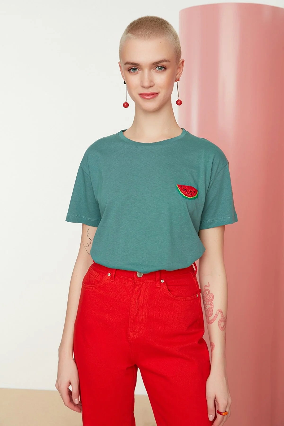Green Semifitted Embroidered Knitted T-Shirt