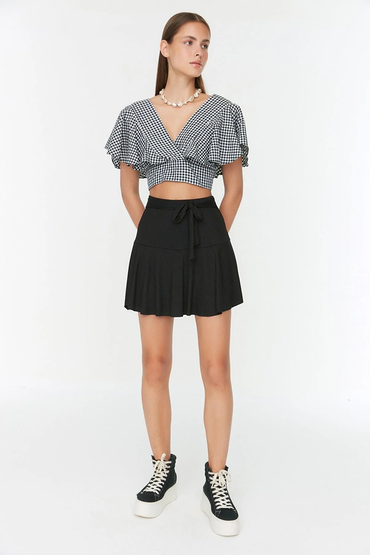 Black Skirt Look Ribbed Knitted Shorts & Bermuda