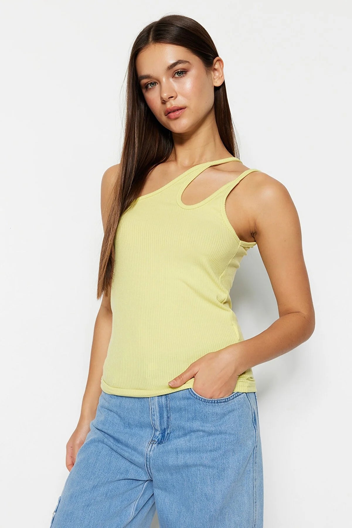 Yellow One-Shoulder Corduroy Knitted Blouse
