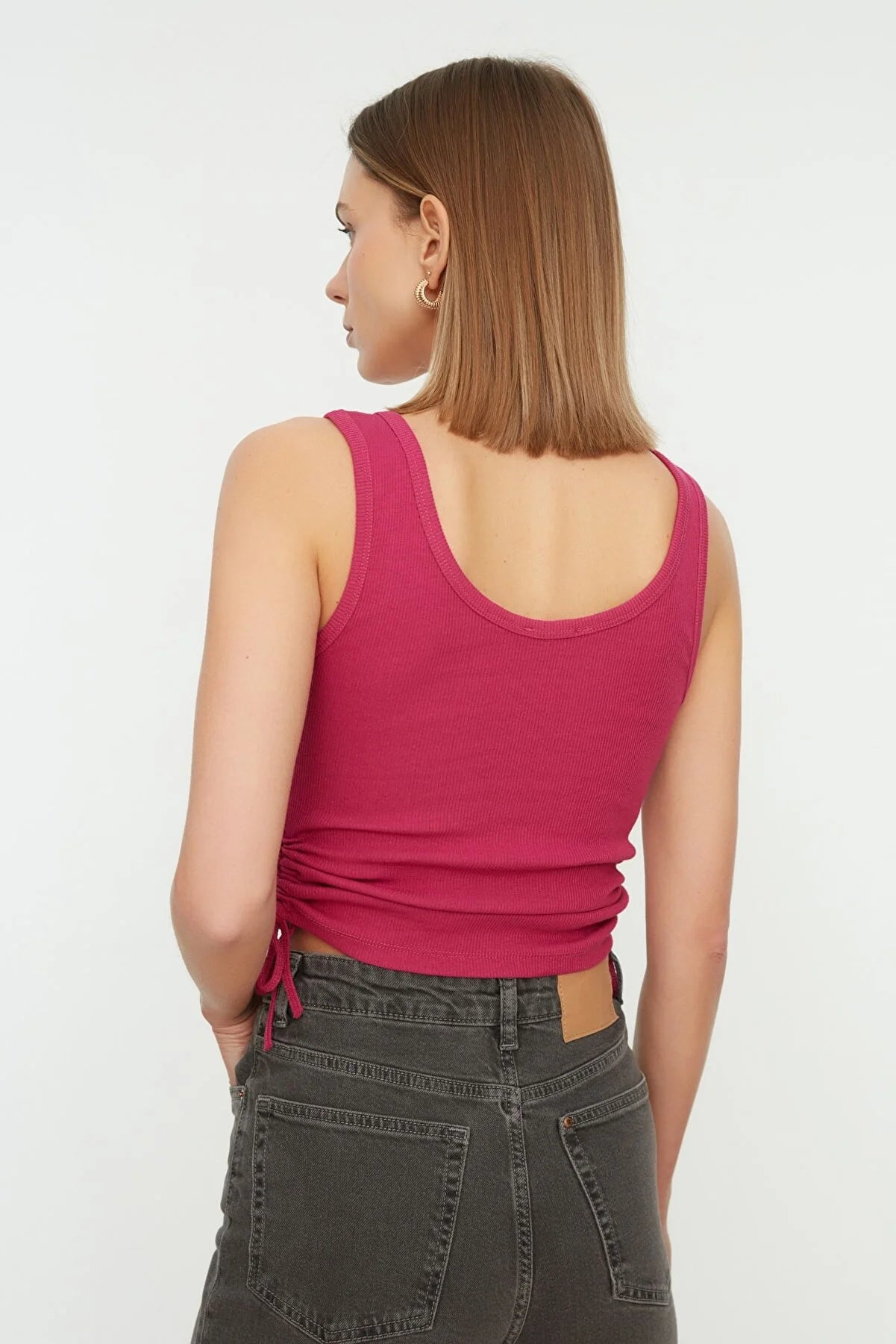 Plum Shirred Detailed Corduroy Crop Knitted Singlet
