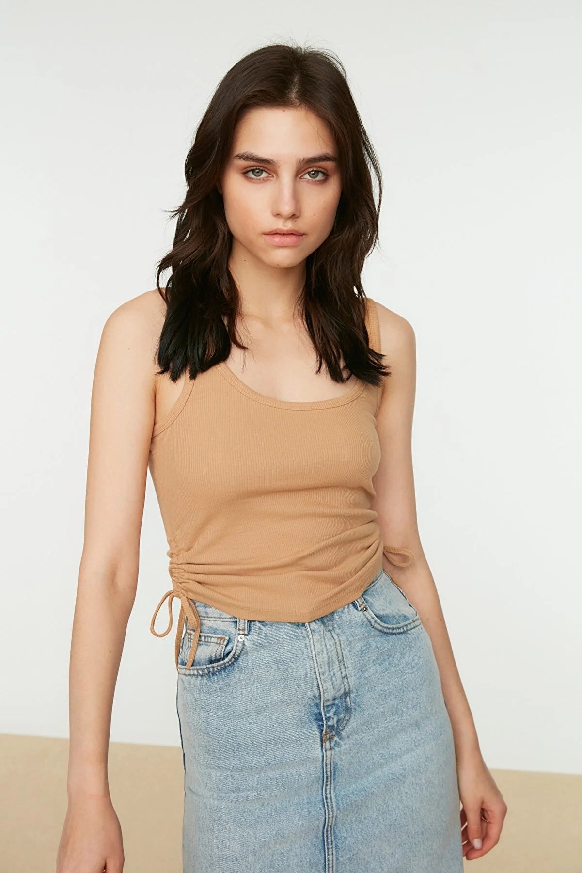 Camel Shirred Detailed Knitted Singlet