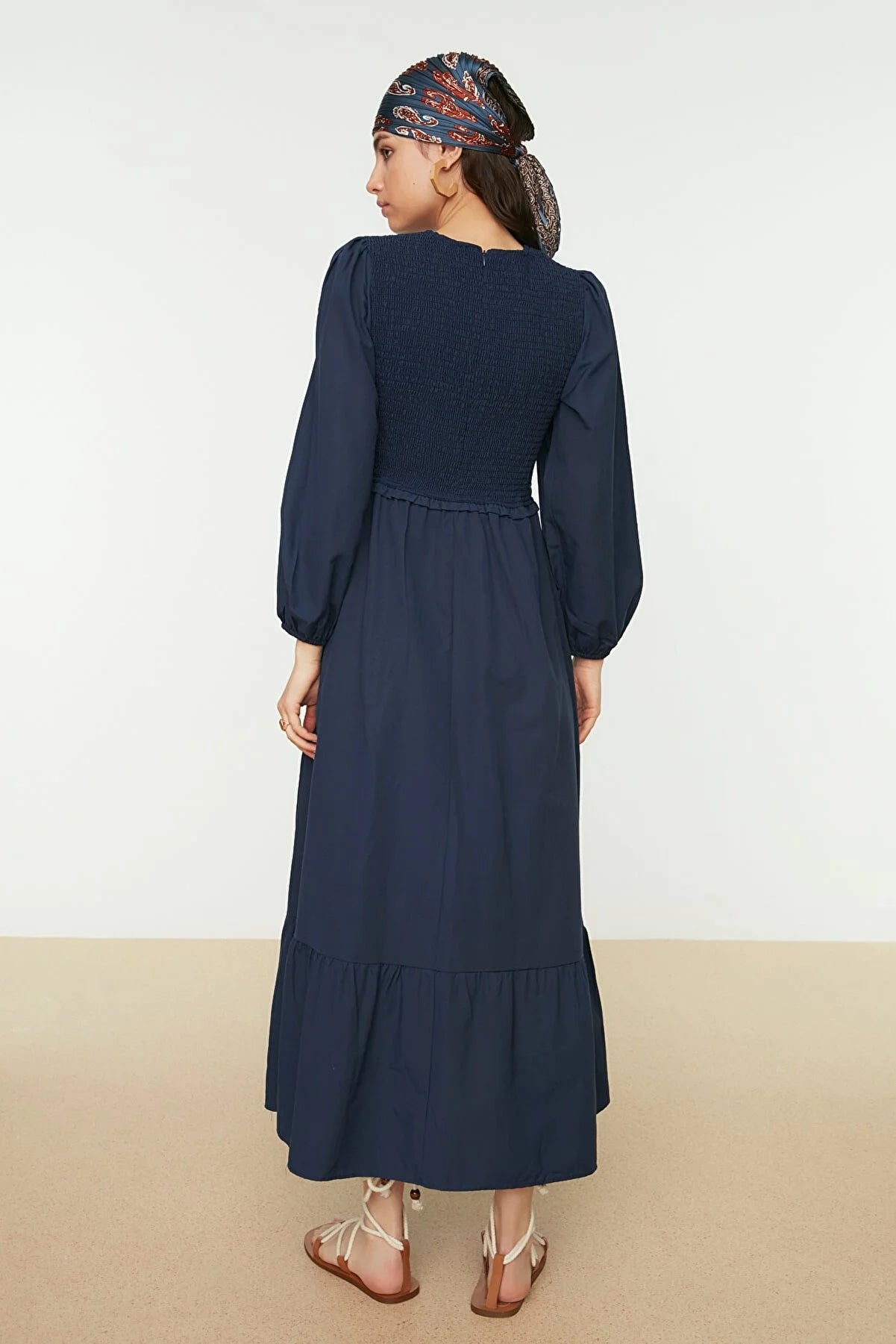 Navy Blue Gipe Detailed Crew Neck Woven Dress
