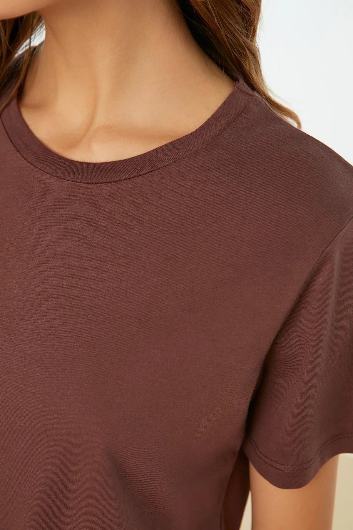 Brown Crew Neck Crop Knitted T-Shirt