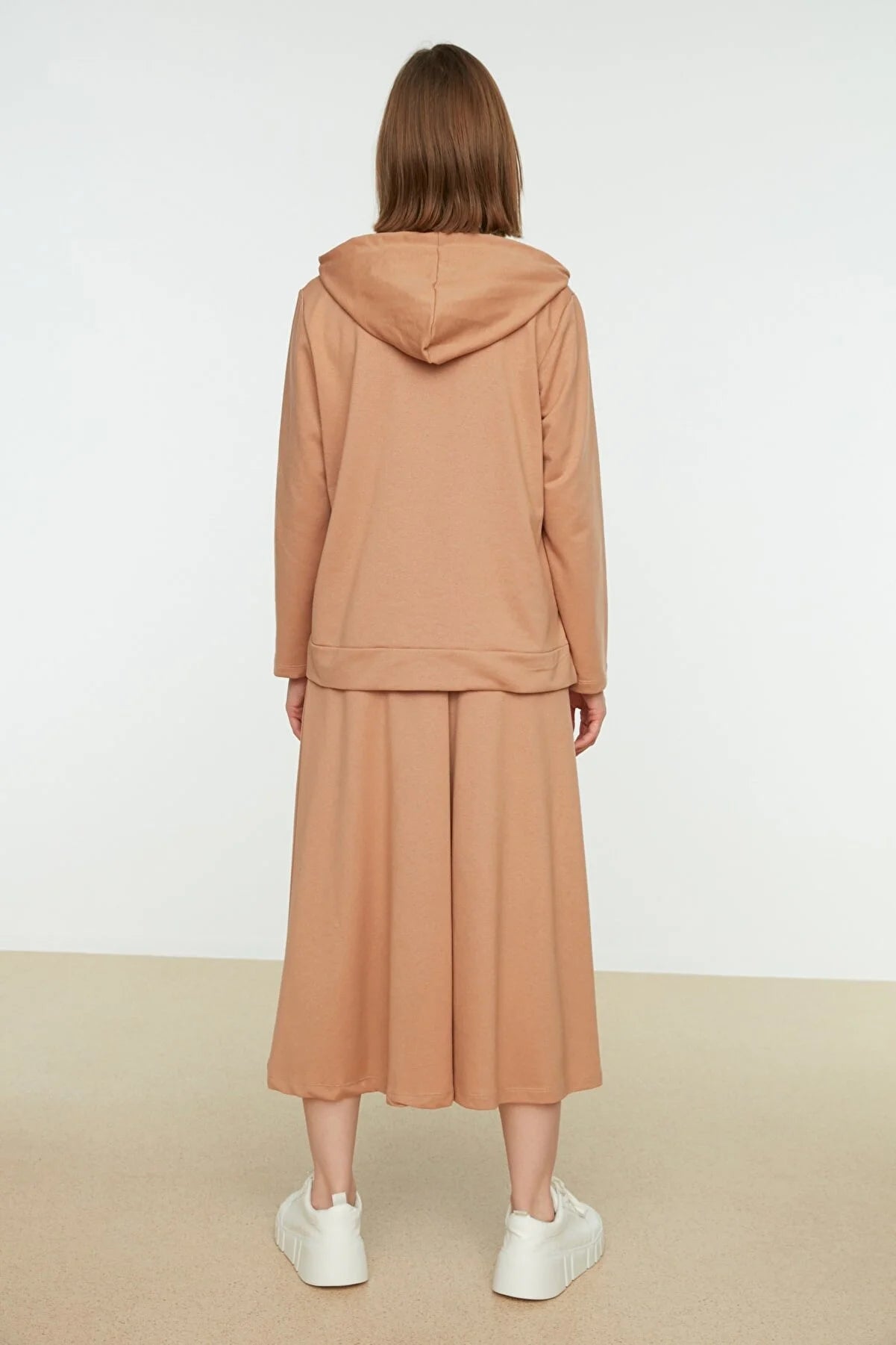 Beige Hooded Sweatshirt-Skirt Knitted Suit
