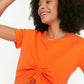Orange Ruffle Detailed Crop Knitted T-Shirt