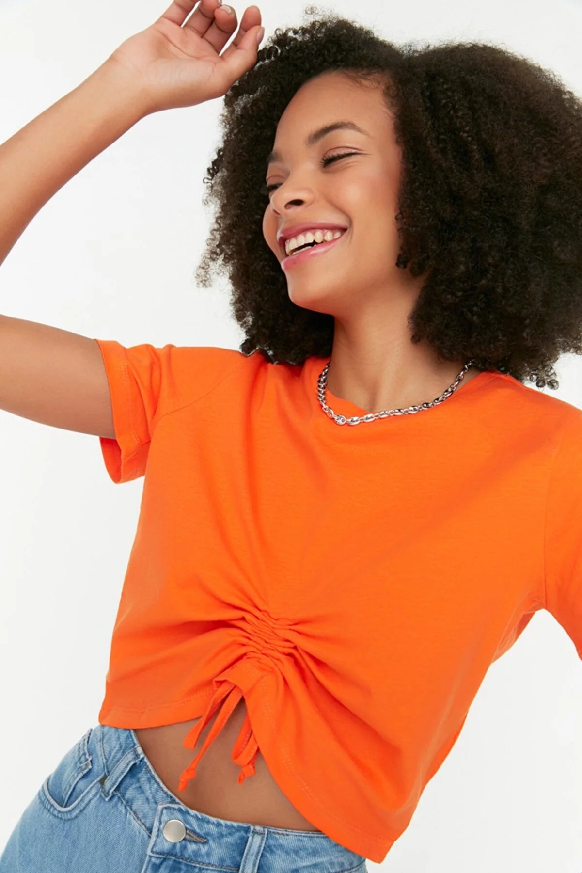 Orange Ruffle Detailed Crop Knitted T-Shirt