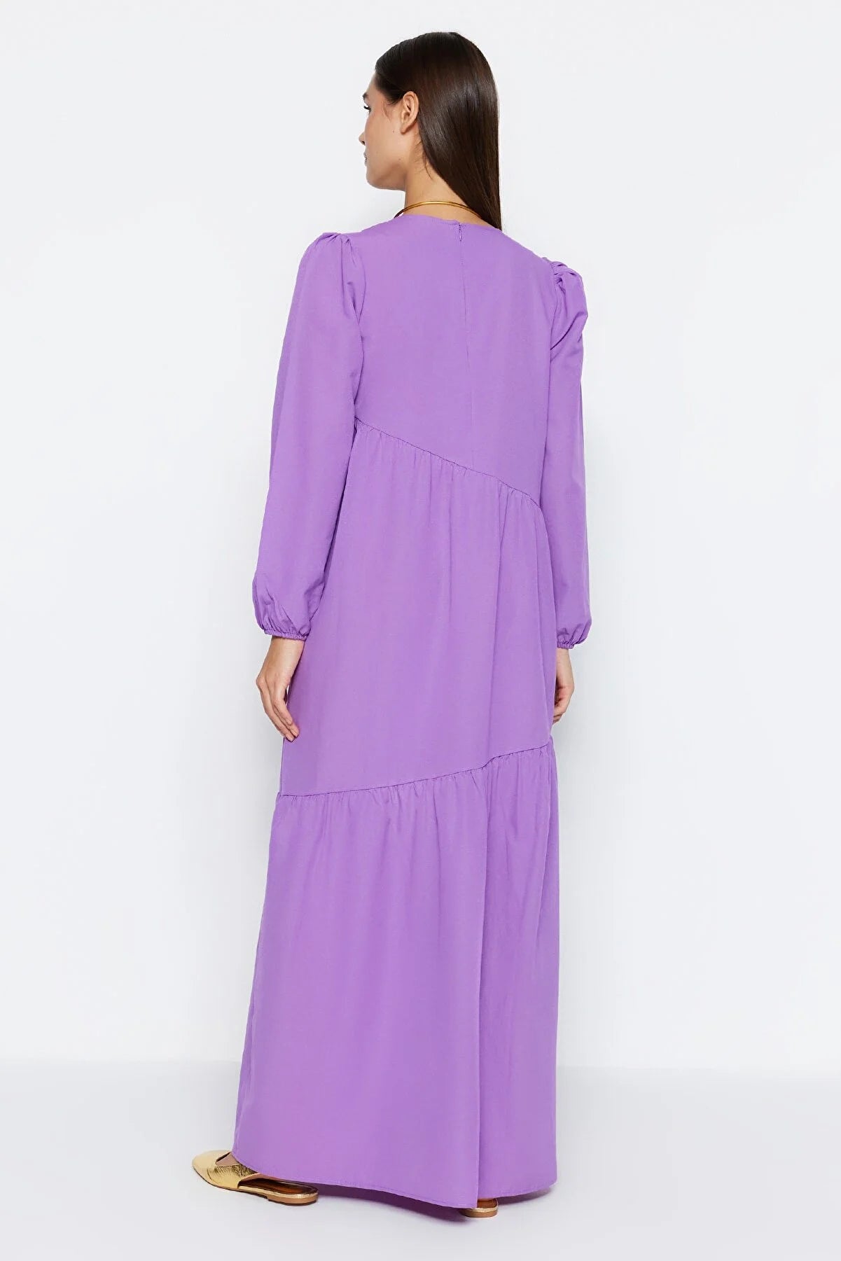 Purple Ruffle Detailed Crew Neck Cotton Woven Dress