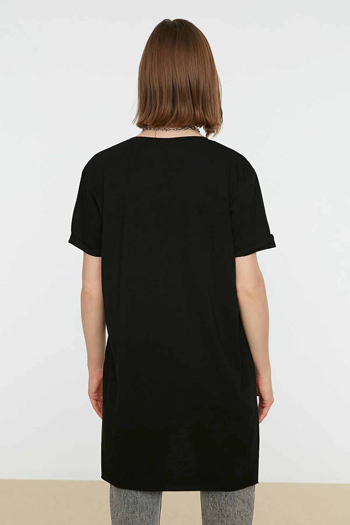 Black Basic Short Sleeve Slit Single Jersey T-Shirt