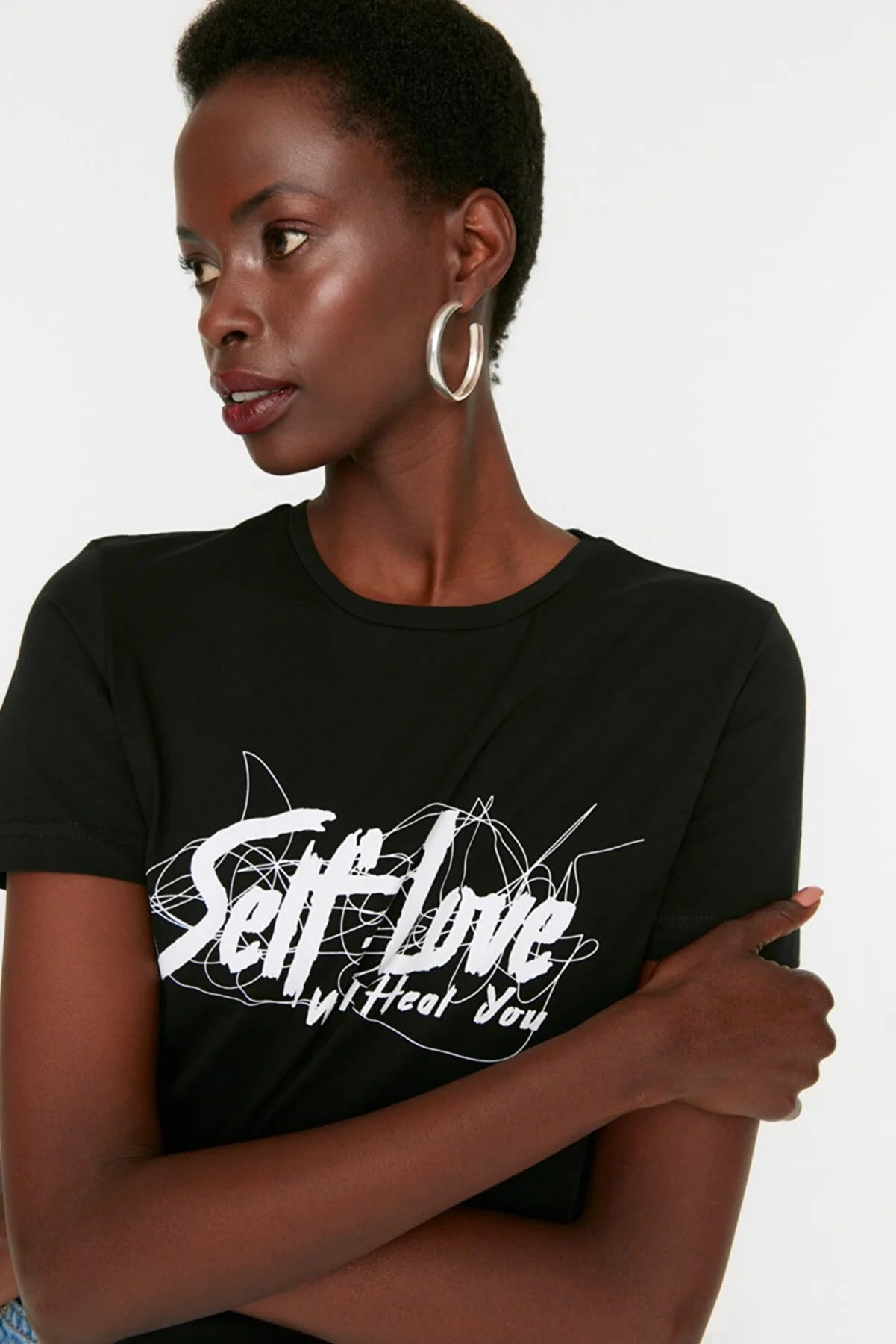 Black Printed Basic Knitted T-Shirt