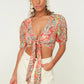 Shawl Patterned Crop Tie Detailed Viscose Beach Blouse