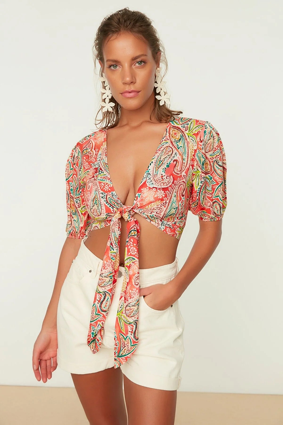Shawl Patterned Crop Tie Detailed Viscose Beach Blouse