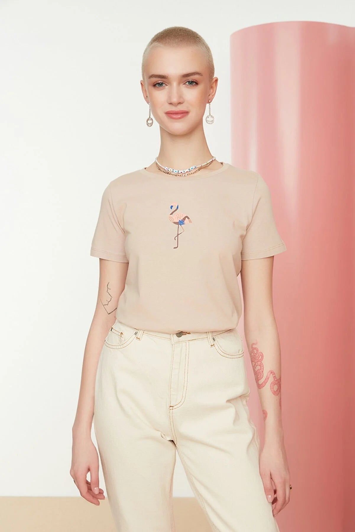 Beige Printed Basic Knitted T-Shirt